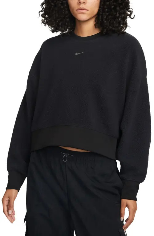 Nike Oversize Fleece Crop Crewneck Sweatshirt in Black/Dkskgy at Nordstrom, Size Large | Nordstrom