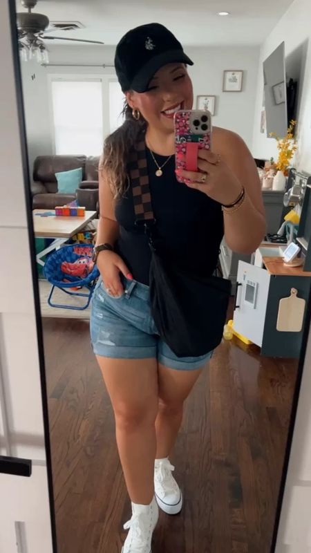 Easy Mommy Fit for a graduation party! I’m obsessed with this body suit it’s the comfiest one I own. I’m a size medium it’s so soft and comes in a 3 pack! These Jean shorts are my Fav, such great quality I’ve washed and dried them so many times already and these all star shoe dupes are platform, comfy and wide feet friendly! oh and the sticky bra I’m wearing is called cakes and code MOMLIKEABOSS will get u a discount 

#LTKstyletip #LTKtravel #LTKFind