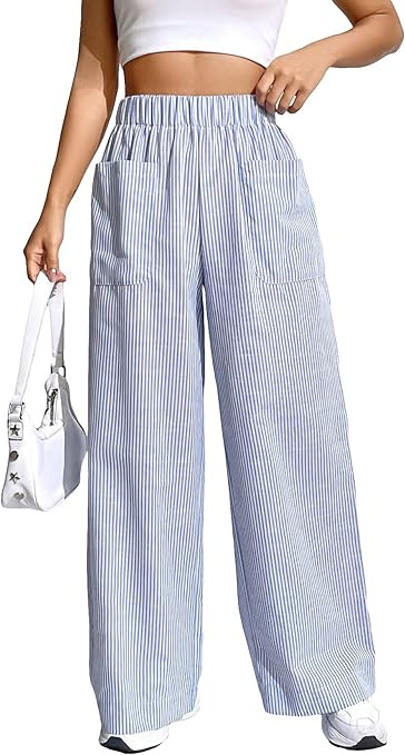 Floerns Women's Striped Print Elastic High Waist Pocket Front Wide Leg Pants | Amazon (US)