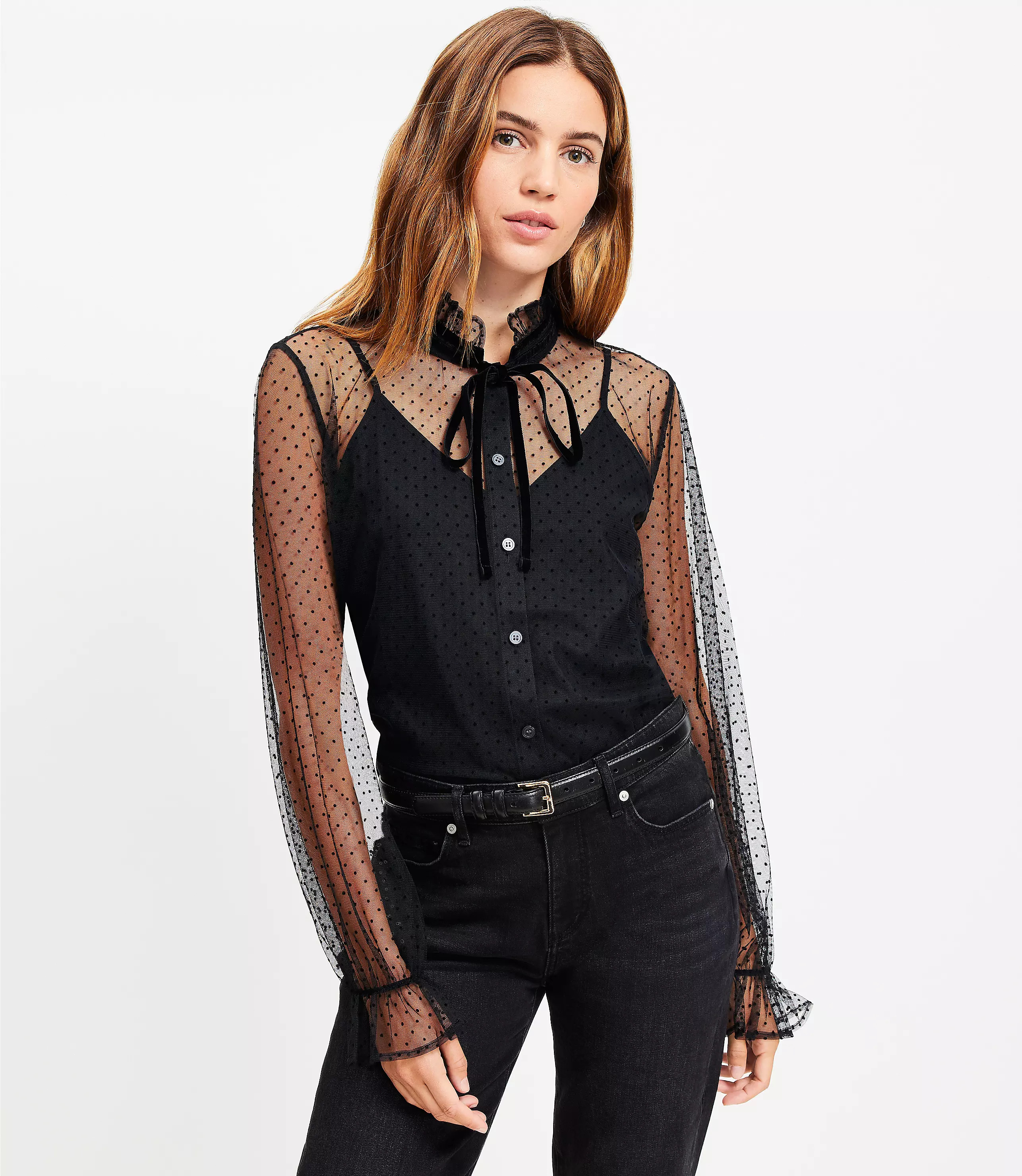 Velvet Dot Tulle Bow Blouse | LOFT