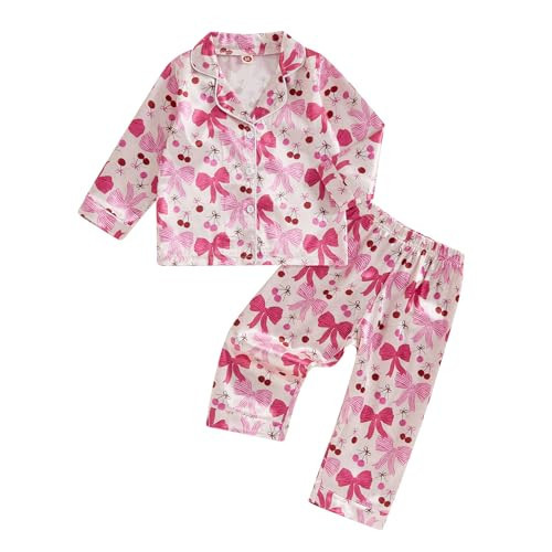 Twopumpkin Toddler Girl Satin Silk Pajamas Button Down Shirt Pants 2 Piece Pajama Set Little Kids Girls Cute Pjs Nightgown (Cute Bow Cherry Pink, 18-24 Months) | Amazon (US)