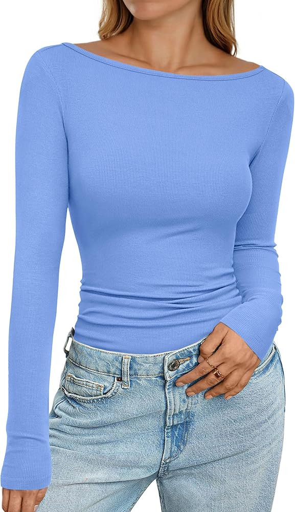 PRETTYGARDEN Long Sleeve Shirts for Women 2026 Fall Boat Neck Ribbed Knit Ruched Spring Going Out... | Amazon (US)