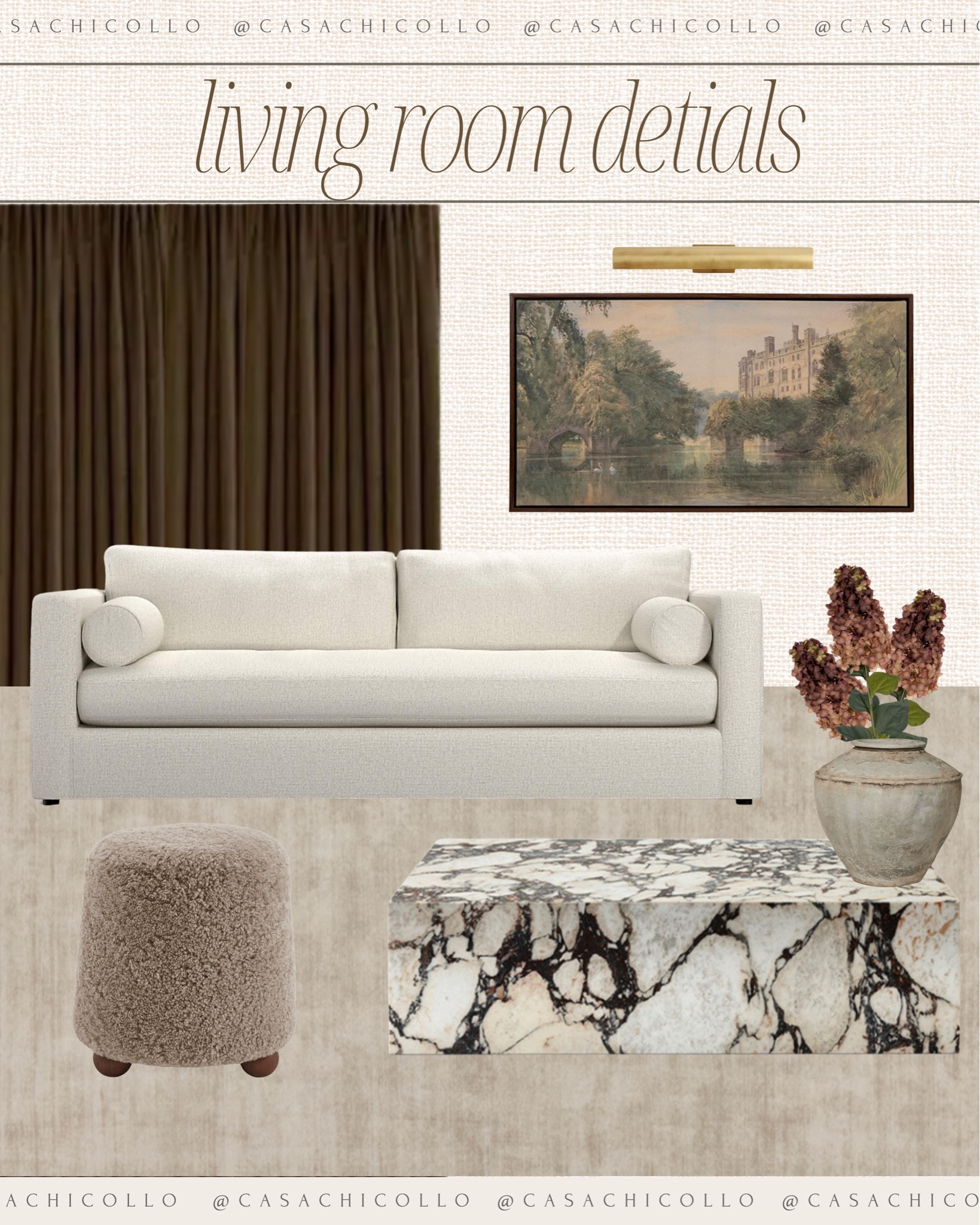 The moodier I make my living room, the more expensive it feels.

I’ve been leaning into warmer browns, creamy textures, aged brass, and statement stone lately because it makes everything feel layered without needing a ton of color. This combo feels like the perfect balance of cozy, vintage, and elevated.

Currently very obsessed with oversized art, chocolate drapery, boucle textures, and dramatic marble moments.

Everything linked in my LTK.

#livingroomdecor #neutralhome #modernvintage #organicmodern #homedecor

living room inspiration, moody neutral home, organic modern decor, chocolate brown curtains, boucle stool, marble coffee table, designer living room, warm neutral palette, cozy luxury home, vintage inspired interiors, neutral aesthetic, high end home decor, curated interiors, earthy home styling, timeless living room

#LTKHome