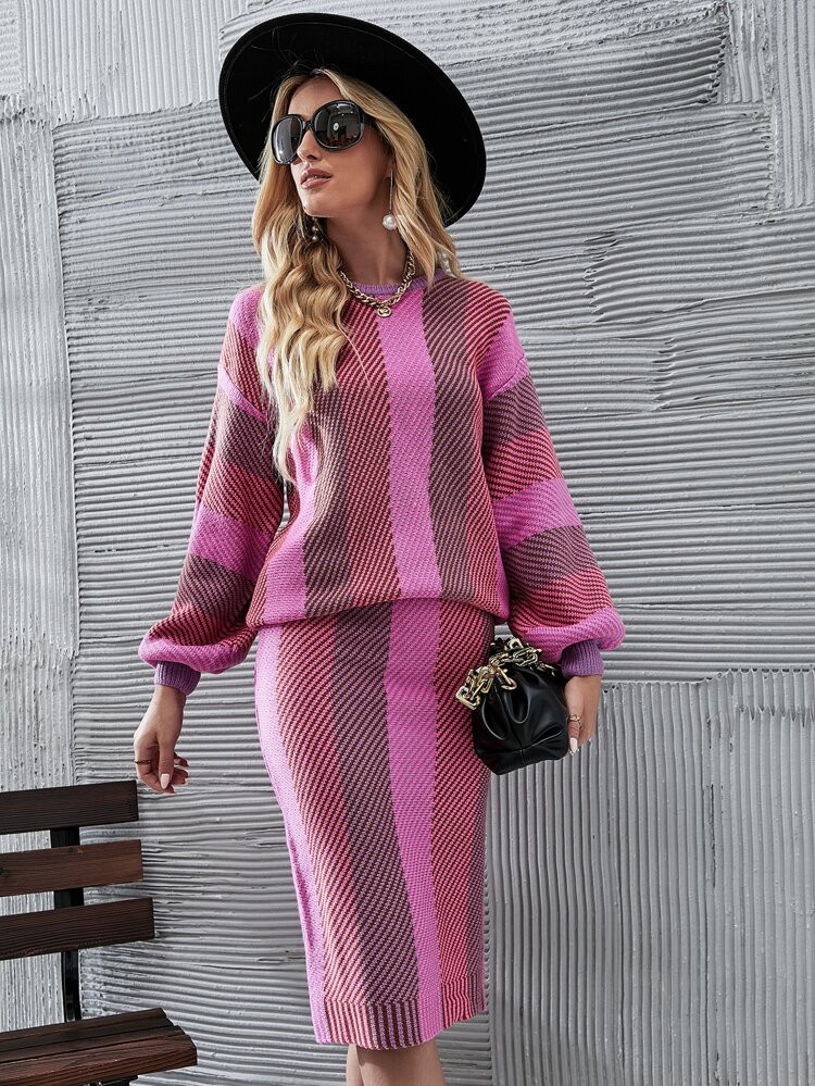 Striped Pattern Sweater & Knit Skirt | SHEIN