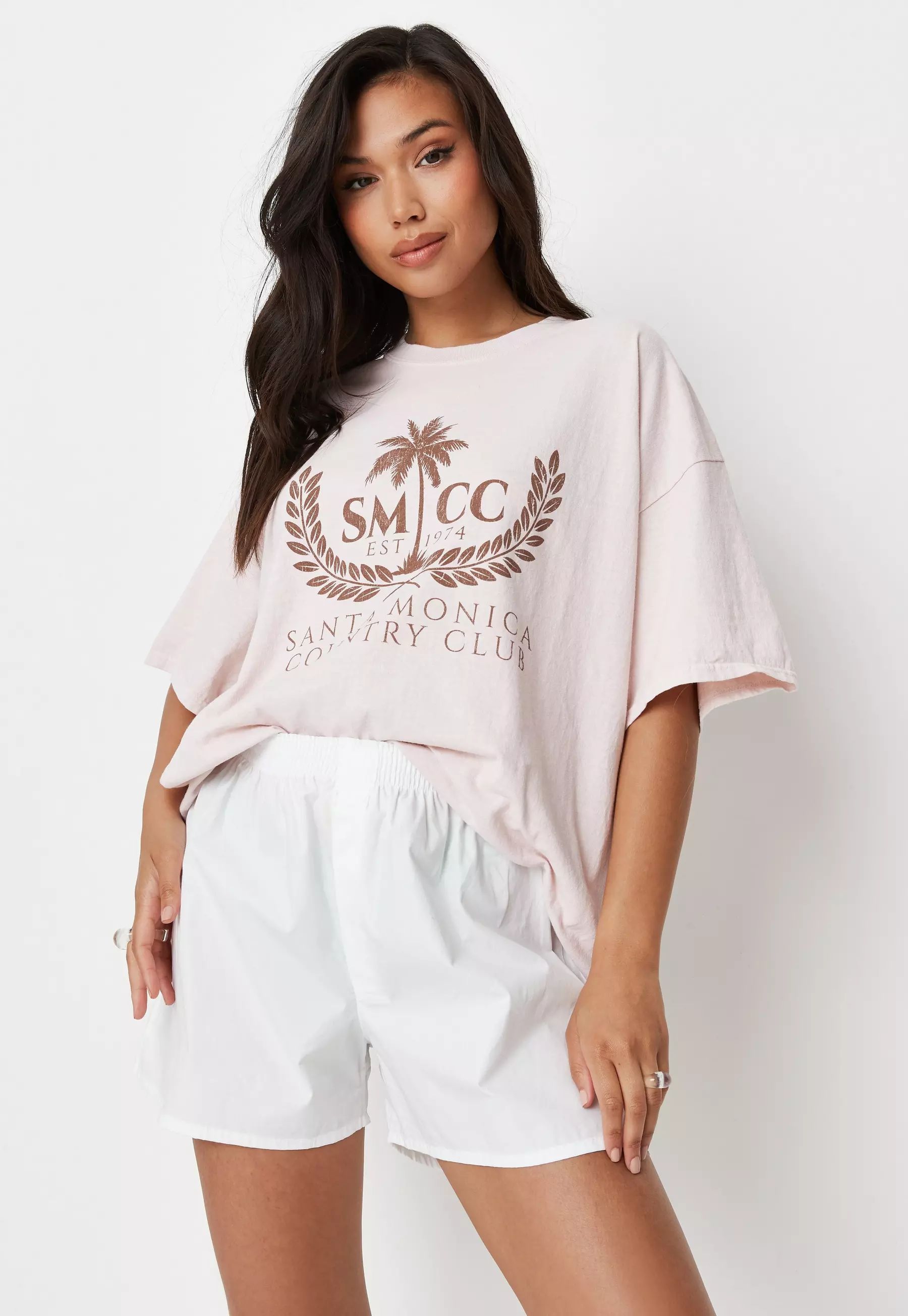 Sarah Ashcroft x Missguided Blush Washed Santa Monica Graphic Extreme Oversized T Shirt | Missguided (UK & IE)