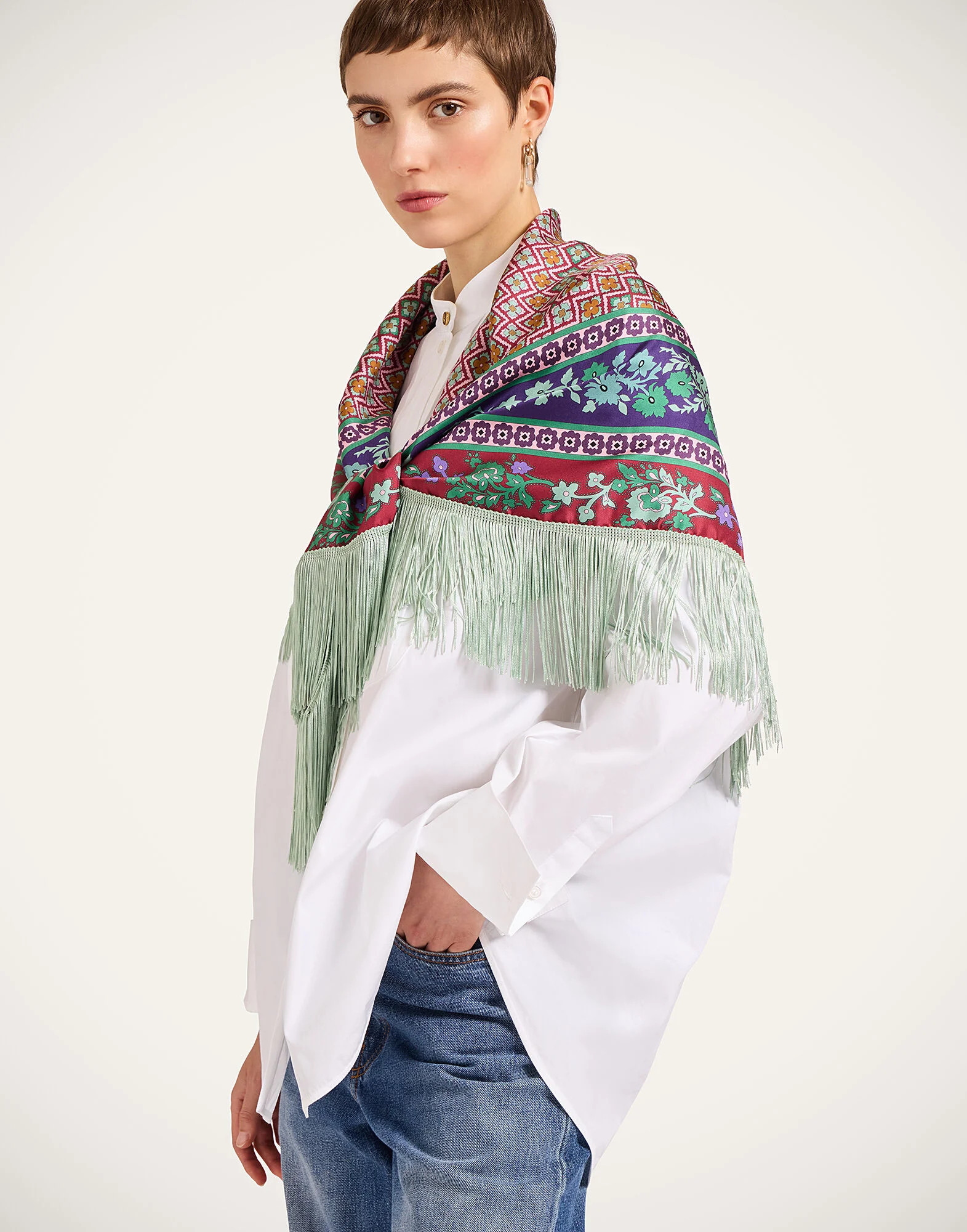 Reversible Fringe Foulard 90 in Regalia Placée Red for Women | La DoubleJ | La DoubleJ