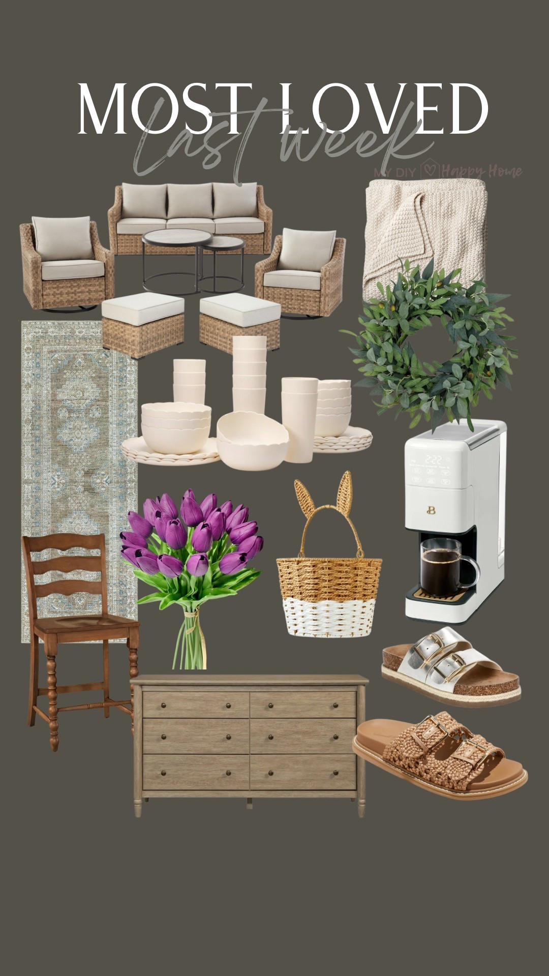 This past weeks most loved & best sellers:

My outdoor furniture set
My outdoor ottomans 
Olive wreath 
new barstools 
vintage look washable runner 
Scallop dinnerware 
Coffee maker + grinder in one 
Tulips 
Bunny Easter basket 
Washed oak dresser 
Sandals 

#LTKShoeCrush #LTKHome #LTKSeasonal