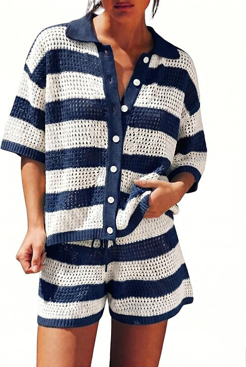 Tankaneo Womens Crochet Swimsuit Coverup Summer 2 Piece Short Sets Striped Knit Short Sleeve Butt... | Amazon (US)