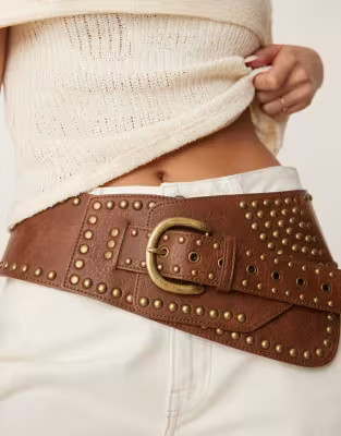 ASOS DESIGN low waist wide belt with stud detail in tan | ASOS (Global)