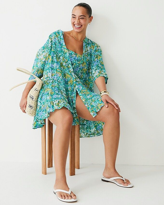 Button-front cotton voile cover-up dress in aqua blooms | J.Crew US
