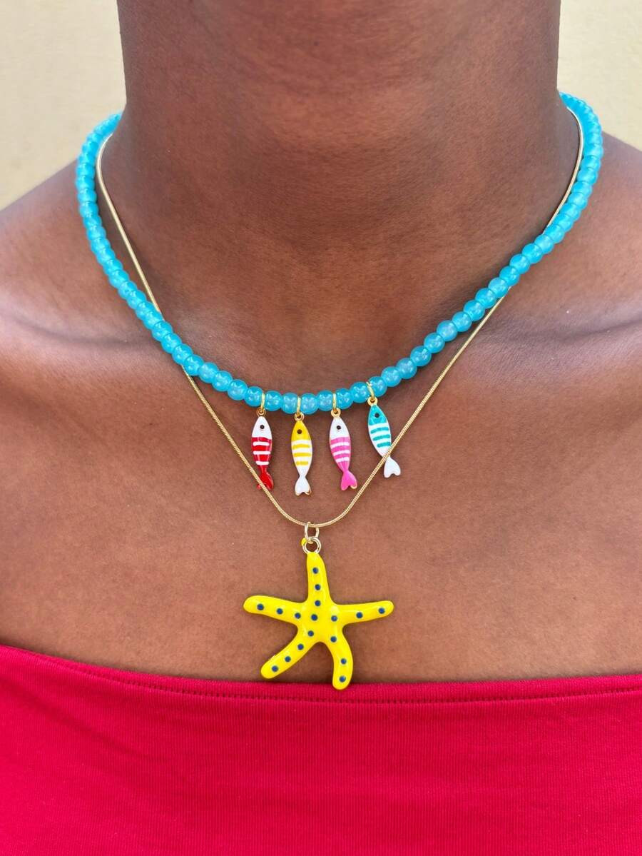 NEWSummer Colorful Small Fish Beaded Necklace Beach Vacation Style Colorful Oil Drop Starfish Pen... | SHEIN