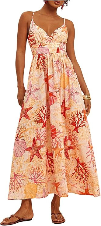 Floerns Women's Starfish Graphic Maxi Dress Summer Spaghetti Strap Shirred Flowy Vacation Sundres... | Amazon (US)
