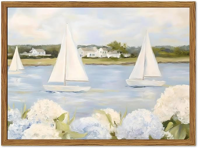 Framed Vintage Hydrangea Floral Wall Art, Blue Coastal Sailboat Pictures Wall Decor, Summer Nauti... | Amazon (US)