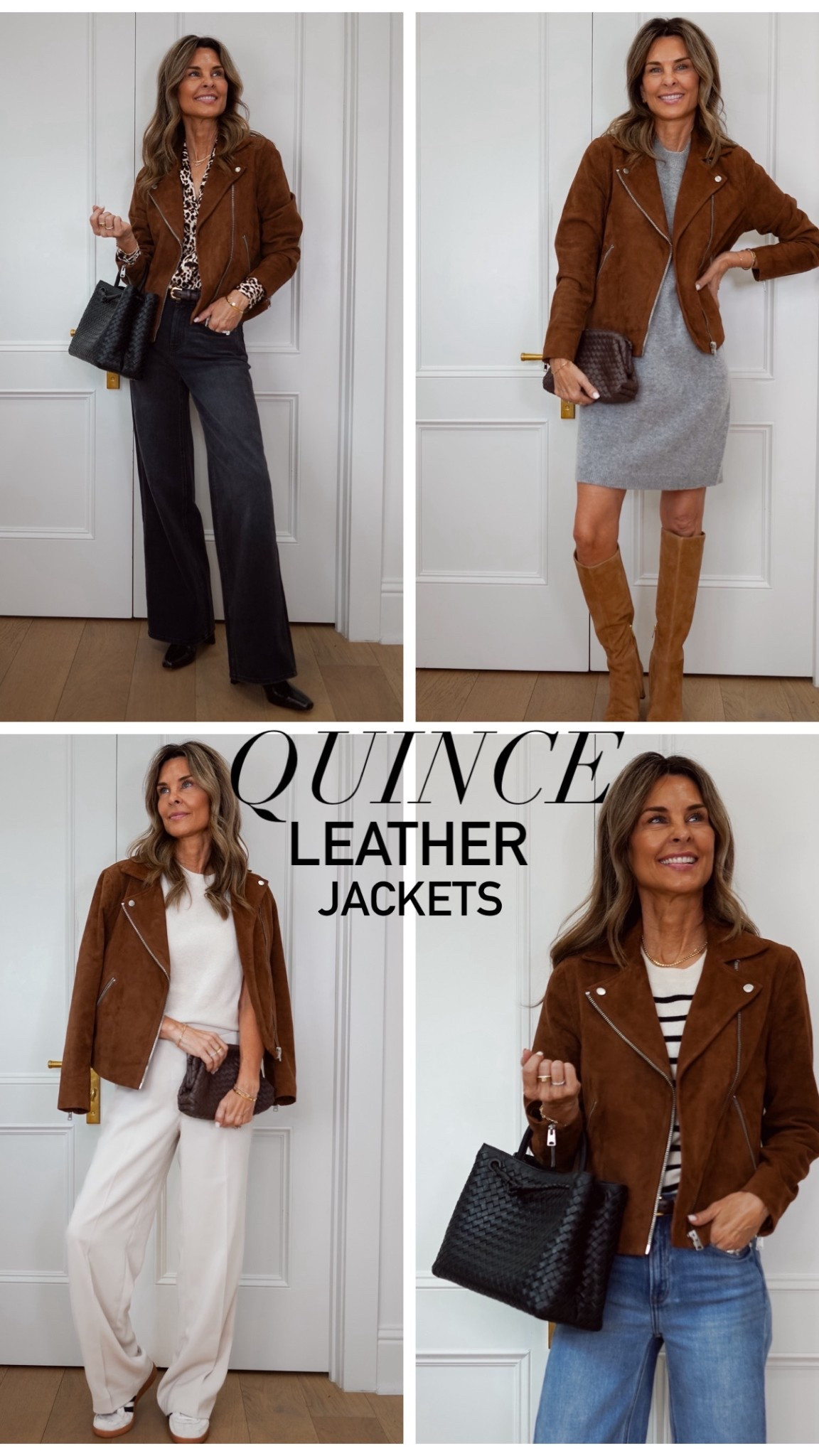 Quince suede biker jacket! I’m wearing a size S. The jacket runs TTS 
-The cashmere dress is XS
-Cashmere t-shirt size S
-Crepe pants TTS I’m 5’6”
-Jeans I’d size up one size for comfort!
-Leopard silk top is a S
#QuincePartner #liketkit @shopltk @onequince
