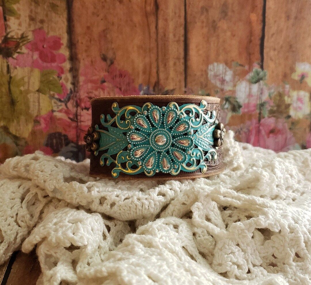 Silver & Turquoise Floral Concho Leather Cuff Bracelet Brown Leather Bracelet/ Country Jewelry/ S... | Etsy (US)
