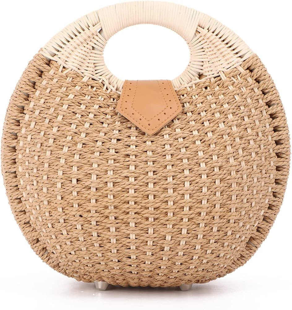 Ynport Straw Purses for Women Summer Beach Rattan Tote Bag Round Handle Ring Handbag Retro Handma... | Amazon (US)
