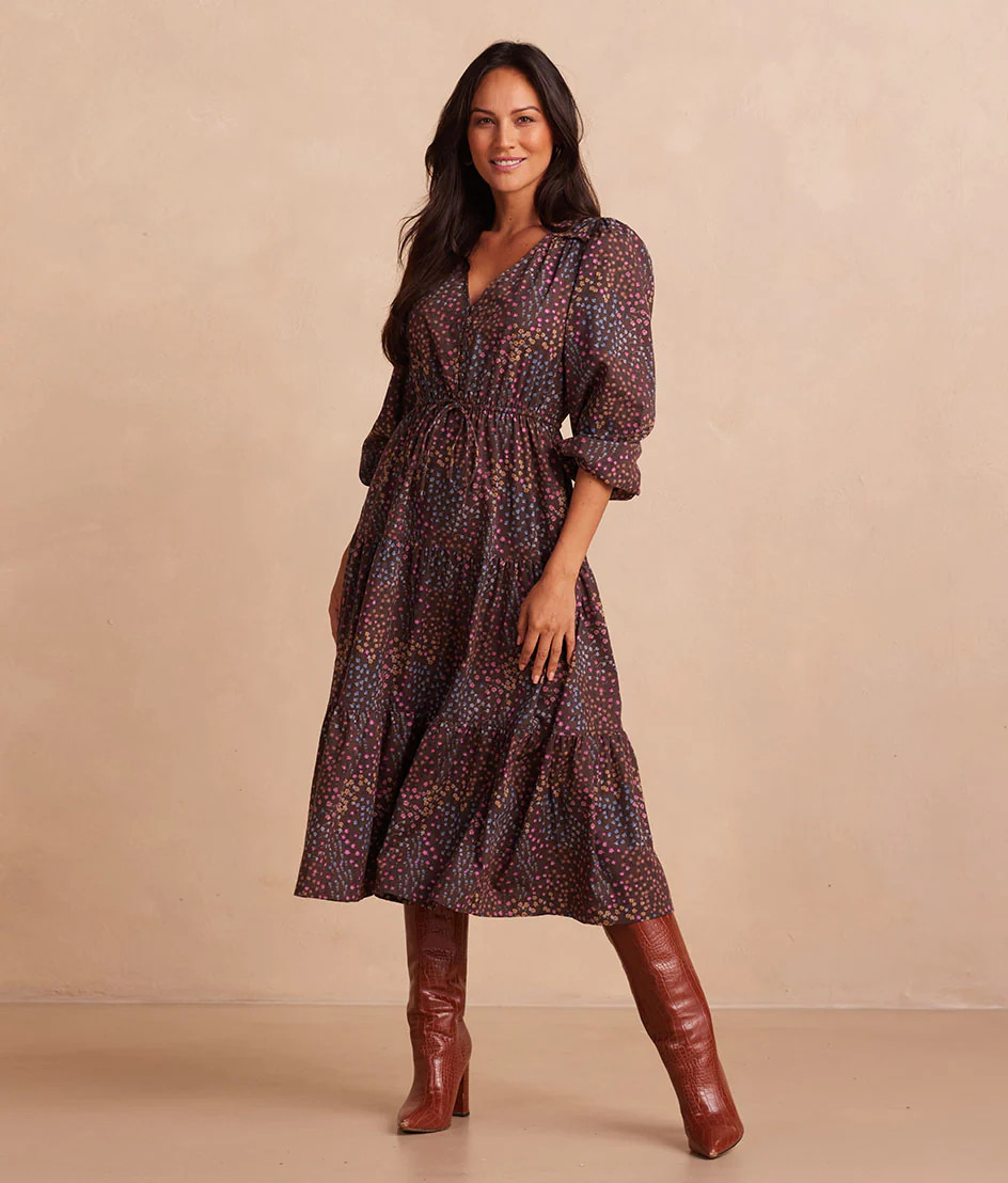 Summersalt Button Down Fall Midi Dress - Floral Prairie in Chocolate Size: XS | SummerSalt