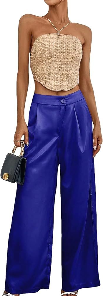 WDIRARA Women's Satin Pants Wide Leg High Waisted Loose Elegant Office Simple Pants | Amazon (US)