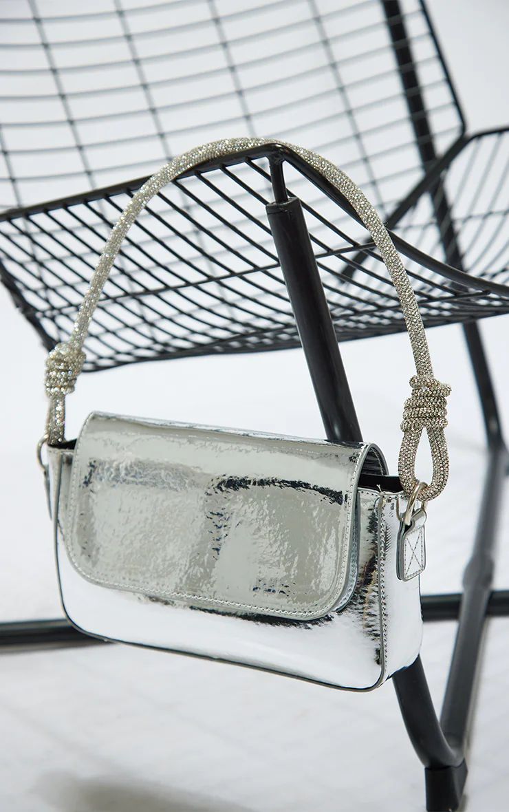 Silver Metallic Diamante Knot Handle Shoulder Bag | PrettyLittleThing US