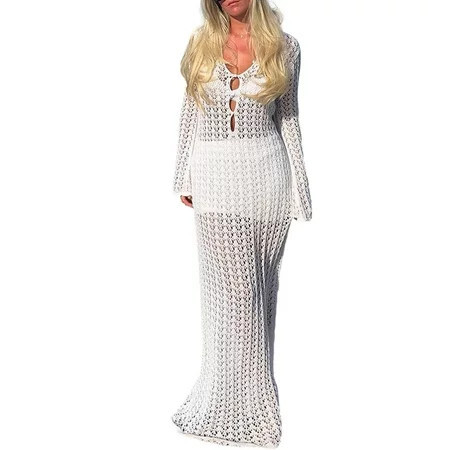 Ladies Beachwear: Stylish Long Sleeve V Neck Crochet Dress for Summer Bikini Cover-Up | Walmart (US)