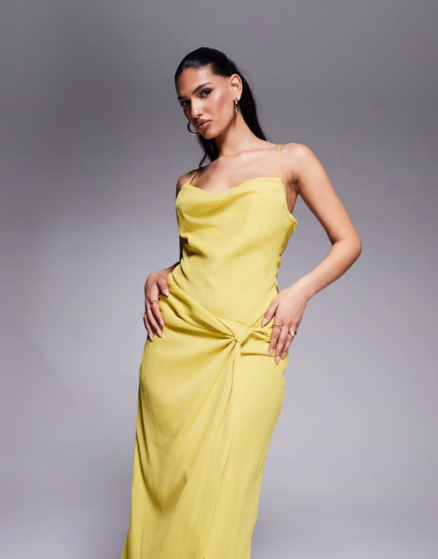 ASOS DESIGN cowl neck twist front maxi dress in yellow | ASOS (Global)