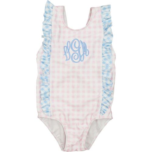 Pink and Blue Check Ruffle Swimsuit - Shipping Late April | Cecil and Lou