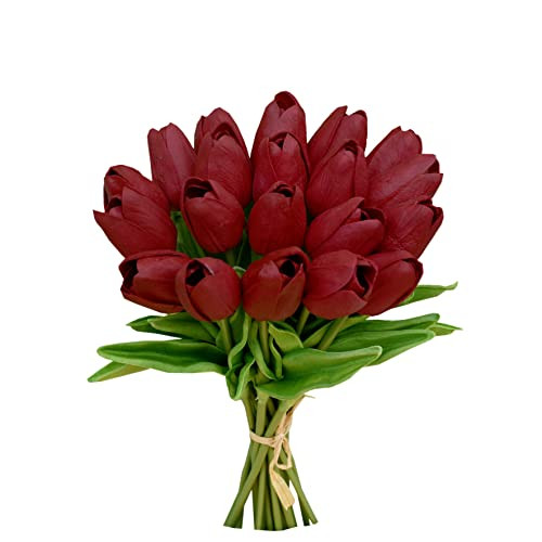 Mandy's 20pcs Burgundy Flowers Artificial Tulip Silk Fake Flowers 13.5" for New Year Spring Mother's Day Easter Valentine’s Day Gifts in Bulk Home Kitchen Wedding Decorations Fall Flowers | Amazon (US)