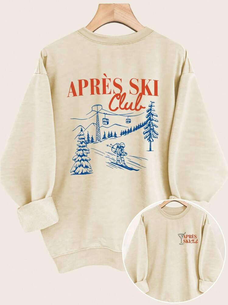 [Front And Back Double-Sided Print]Women's Casual Top Retro Style Skiing Cable Car APRES SKI Club Print Round Neck Long Sleeve Sweatshirt [Ling]Winter Clothes For Women,Christmas Gifts | SHEIN