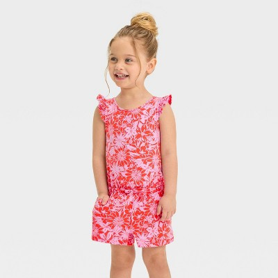 Toddler Girls' Coral Floral Romper - Cat & Jack™ Carol Red 12M | Target