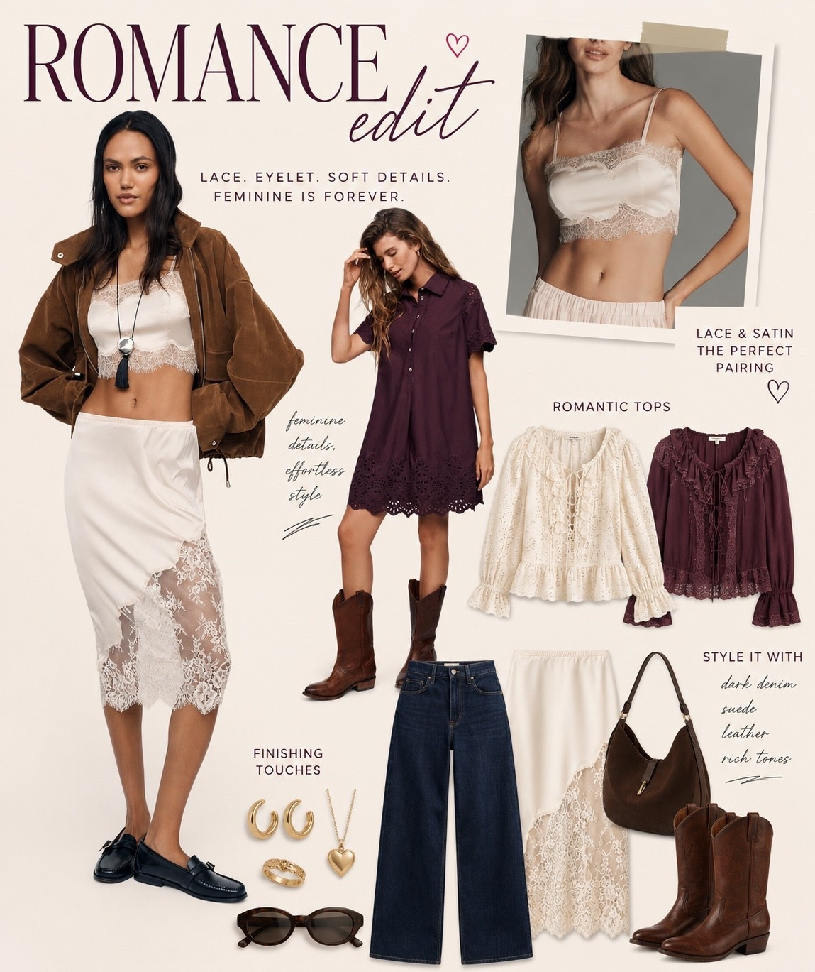 ROMANTIC FALL FASHION IS HAVING A MOMENT 🤎🍷

Lace, satin, eyelet + rich fall textures are taking over, and I’m obsessed with how feminine pieces are being styled for fall. Think delicate lace paired with suede jackets, dark denim, chocolate brown boots and deep burgundy tones. The contrast is SO good.

This is the romance edit — feminine without feeling overly sweet and such an easy way to transition your wardrobe from late summer into fall. 🤍

I linked my favorite romantic fall fashion finds, lace tops, satin skirts, eyelet dresses, suede layers, dark wash denim + western boots to recreate the look.

Save this for your fall outfit inspo + shop everything through my LTK. 🫶

#FallFashion #FallFashion2026 #FallOutfits #FallOutfitIdeas #FallStyle #RomanticStyle #RomanticFashion #LaceTrend #LaceOutfit #SatinSkirt #EyeletDress #BurgundyFashion #ChocolateBrown #SuedeJacket #DarkWashDenim #WesternBoots #FallTrends #FallWardrobe #TransitionalStyle #LTKFashion #LTKStyle #LTKFinds

#LTKSeasonal #LTKootd #LTKOver40
