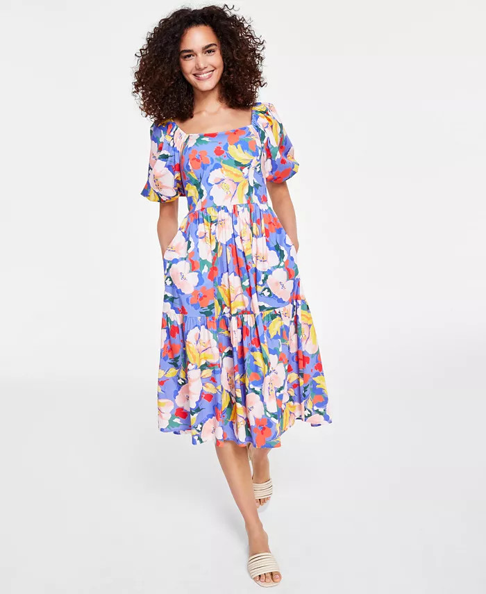 Vince Camuto Women's Cotton Puff-Sleeve Tiered Midi Dress & Reviews - Dresses - Women - Macy's | Macys (US)
