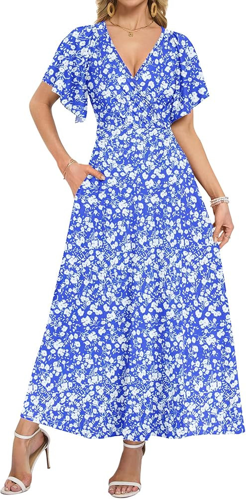 AUSELILY Maxi Dresses Women 2026 Summer Wrap Long Flowy Dress Ruffle Sleeve Deep V Neck Formal Dr... | Amazon (US)