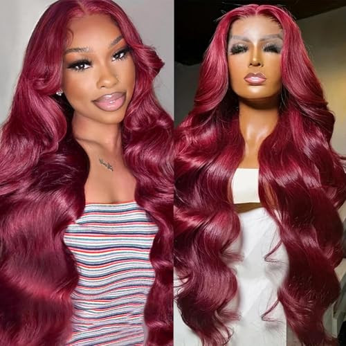 99J Burgundy Lace Front Wigs Human Hair 200% Density Burgundy Wig Human Hair 13x4 HD Body Wave Lace Front Wigs Human Hair Pre Plucked Glueless Colored Frontal Wigs for Women (30 Inch) | Amazon (US)
