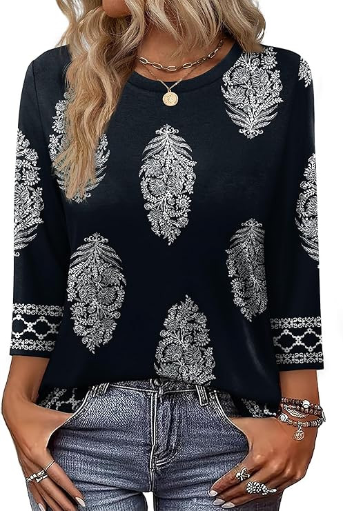 OFEEFAN 3/4 Length Sleeve Womens Tops Dressy Casual Blouses Crew Neck T Shirt Fashion Clothing Lo... | Amazon (US)