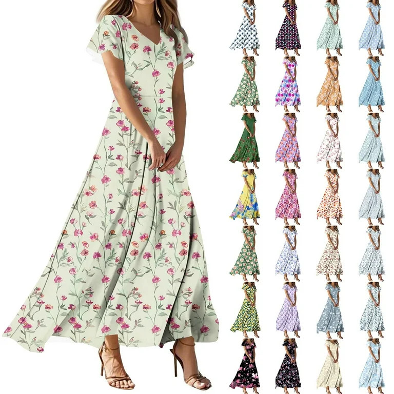 Horkkom Floral Dress for Women Summer V Neck Maxi Dresses Casual Vacation A Line Dresses, Gifts f... | Walmart (US)