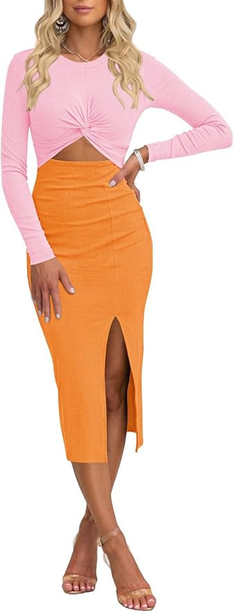 Pink Queen Women's Crew Neck Long Sleeve Midi Dress Cutout Twist Front Bodycon Slit Pencil Ribbed... | Amazon (US)