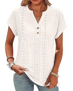 ANRABESS Women Tops Short Sleeve V Neck Eyelet Shirts Dressy Casual Blouses 2026 Summer Tee T-Shi... | Amazon (US)