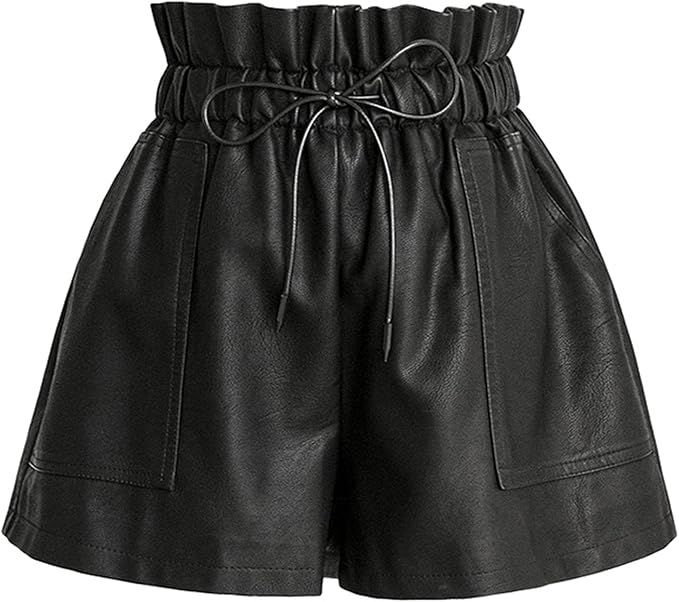 DALLNS Women Black Stretchy High Waisted Shorts Faux Leather Paper Bag Shorts with Pockets | Amazon (US)