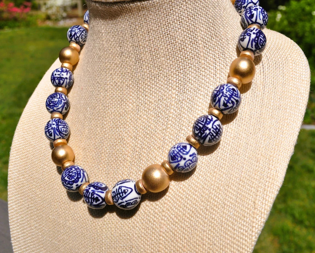 Chinoiserie Blue White Porcelain Necklace - Etsy | Etsy (US)