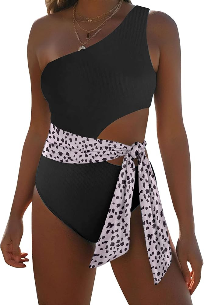 One Piece Bathing Suit for Women One Shoulder Cut Out Swimsuit Ribbed Color Block Monokini Tie Si... | Amazon (US)