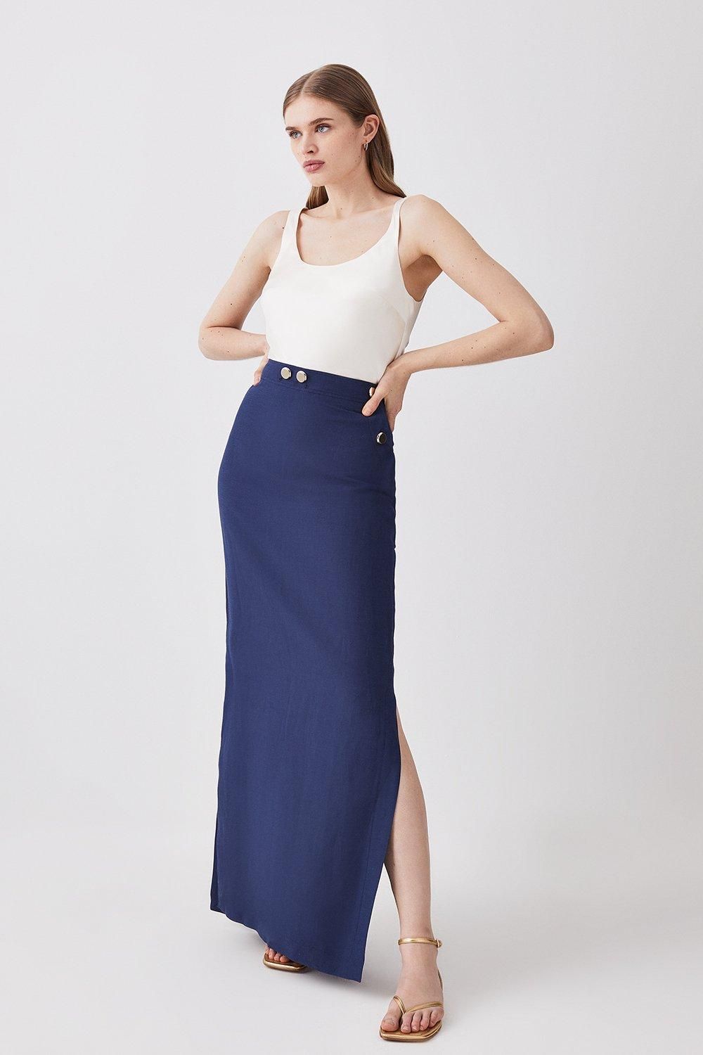 Linen Nautical Button Detail Midi Skirt | Karen Millen UK + IE + DE + NL