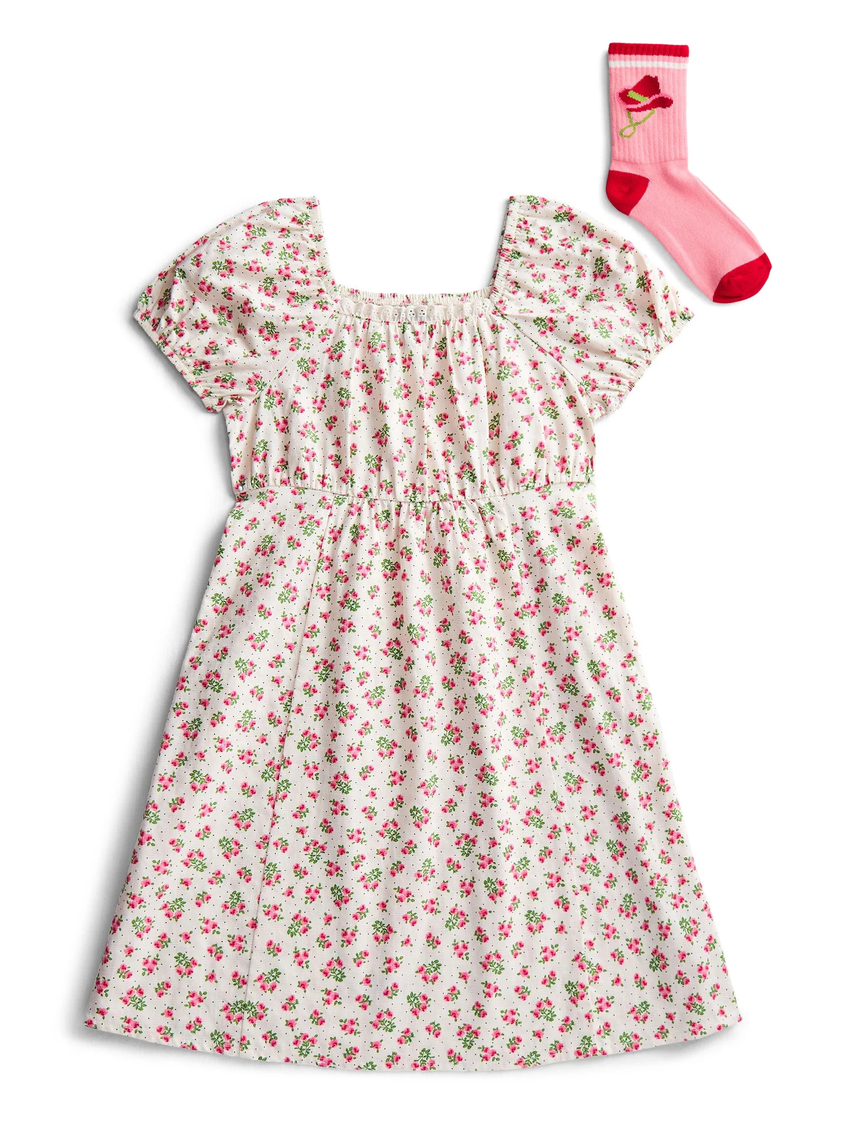 Parker Rose Girls Cotton Puff Sleeve Dress and Socks, Sizes 4-18 | Walmart (US)