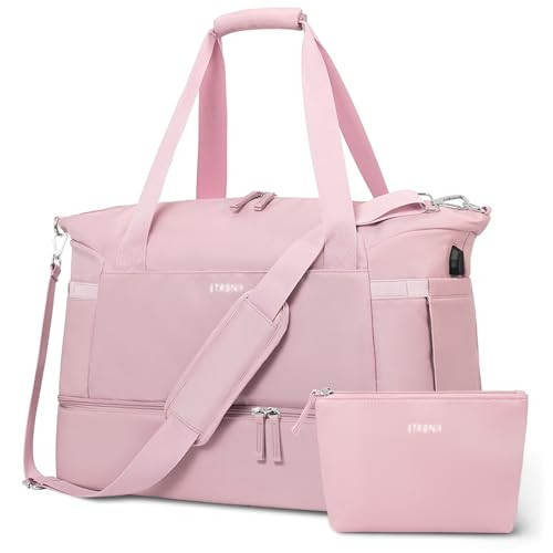 ETRONIK Gym Bag for Women, 45L Carry On Travel Duffel Bag with Shoes Compartment, Weekender Overnight Bag with Wet Pocket & USB Charging Port for Women, Travel, Gym, Weekend, Large Size (Beige) | Amazon (US)