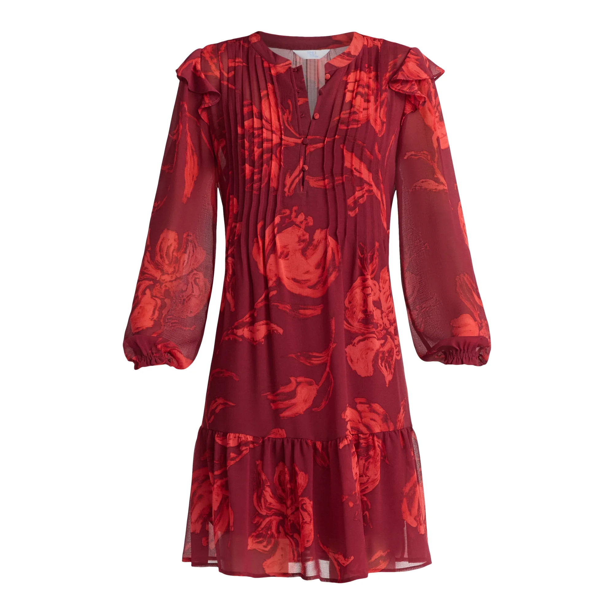 Time and Tru Women's Pintuck Mini Dress with Long Sleeves, Sizes XS-XXXL | Walmart (US)