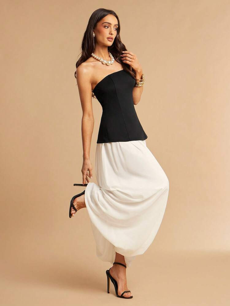 Silquee Women's Black And White Color-Blocked Strapless Top And Lantern Skirt Two-Piece Set, Suit... | SHEIN