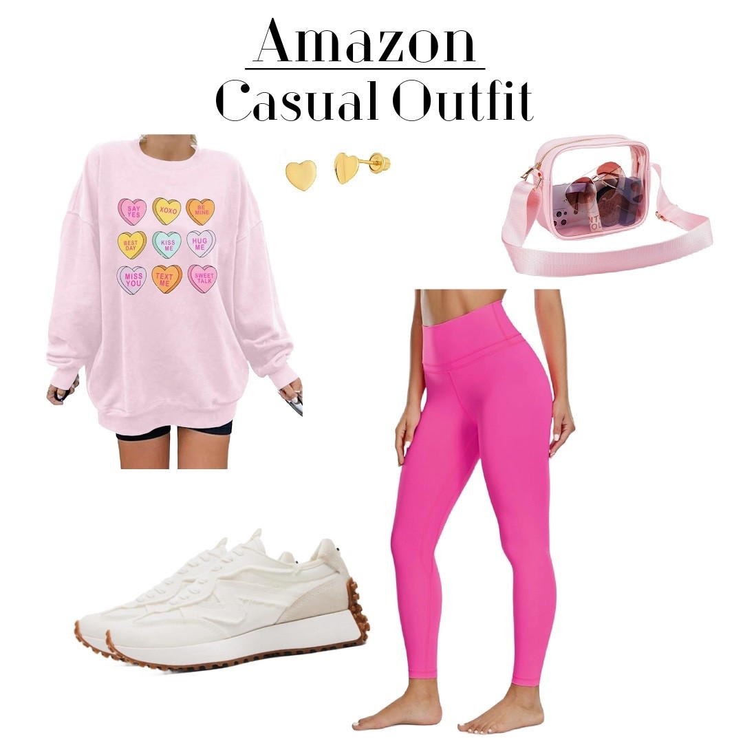 Comfy casual outfit with a pink heart sweatshirt, pink leggings, white sneakers, and clear bag  

#LTKActive #LTKFindsUnder50 #LTKPetite