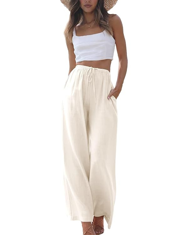 Duyang Womens Cotton Linen Palazzo Pants Drawstring Elastic Waist Casual Wide Leg Trousers with P... | Amazon (US)