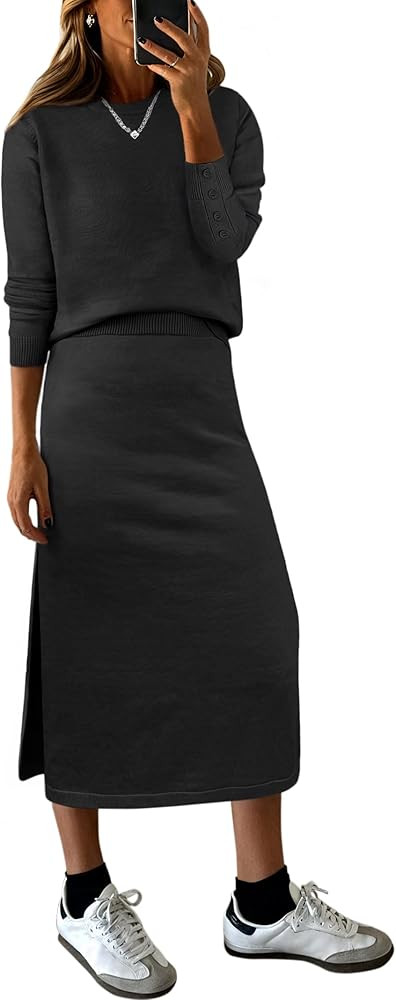 ANRABESS 2 Piece Skirts Sets For Women Fall Fashion 2025 Striped Sweater Midi Dress Knit Lounge T... | Amazon (US)