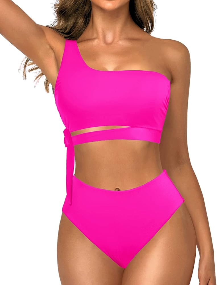 Tempt Me Women Two Piece High Waisted Bikini Set One Shoulder Swimsuits Tie Tummy Control Bathing Su | Amazon (US)