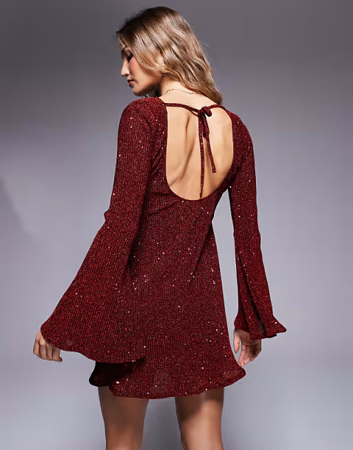 ASOS DESIGN angel sleeve sequin mini dress with low back in burgundy | ASOS | ASOS (Global)